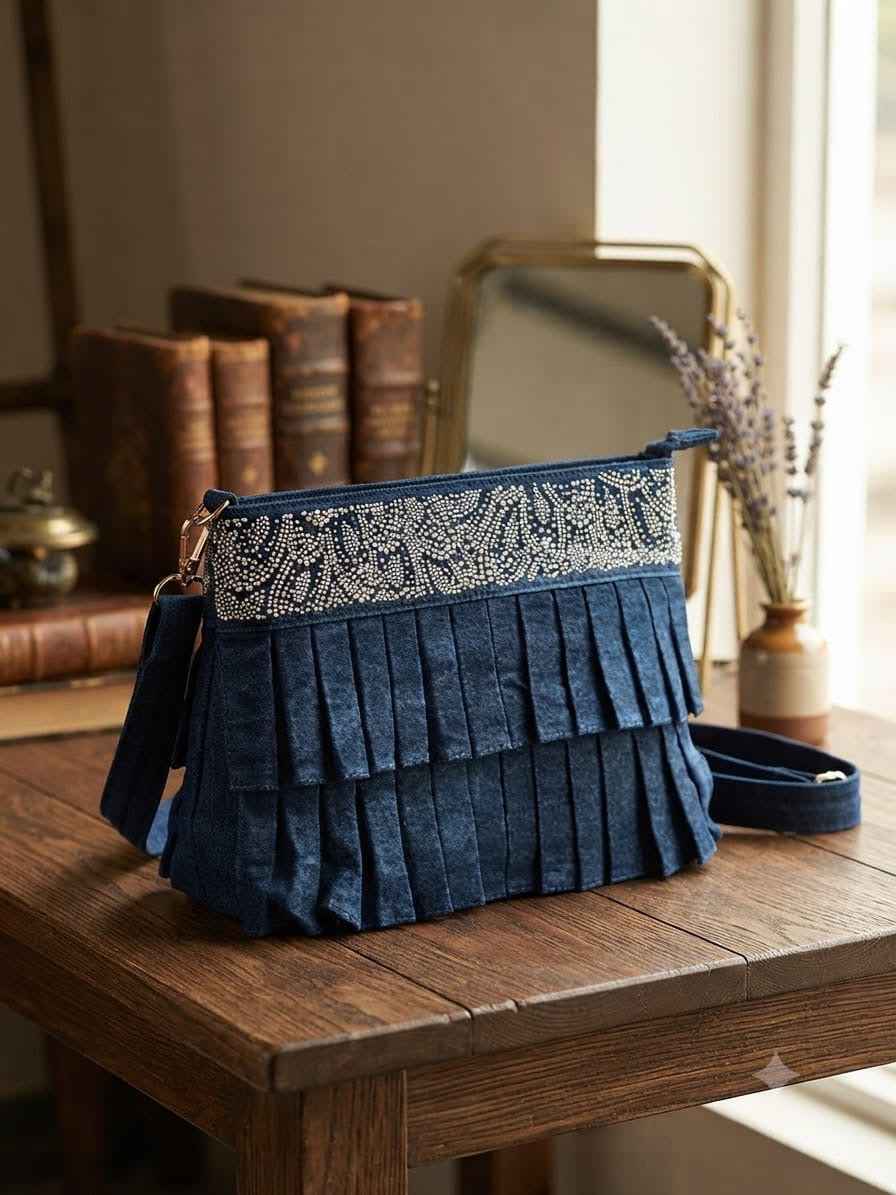 Denim embellished pleated bag #251215