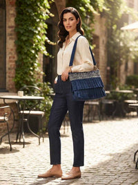 Denim embellished pleated bag #251215