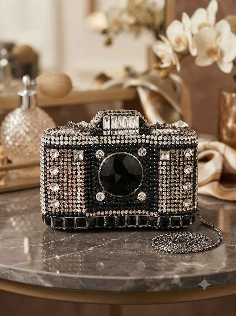Camera rhinestone crystal clutch