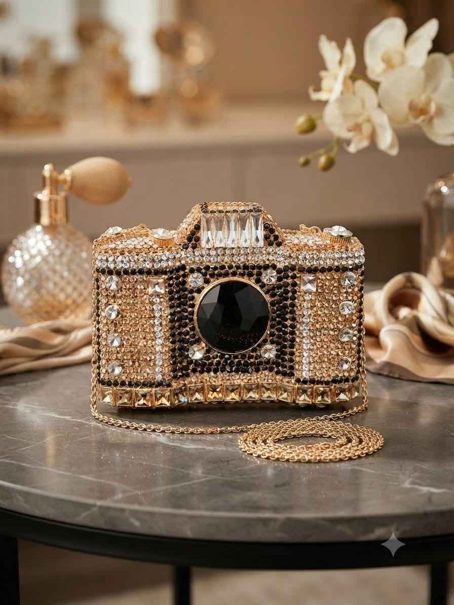 Camera rhinestone crystal clutch