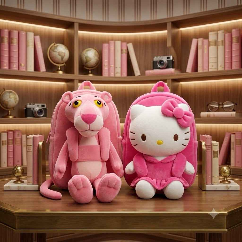 Pink panther & Kitty plush cartoon character backpack
