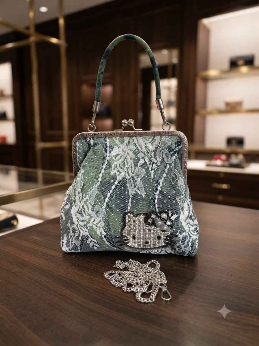 Denim clutch cum sling bag with hello Kitty character #251218-kt