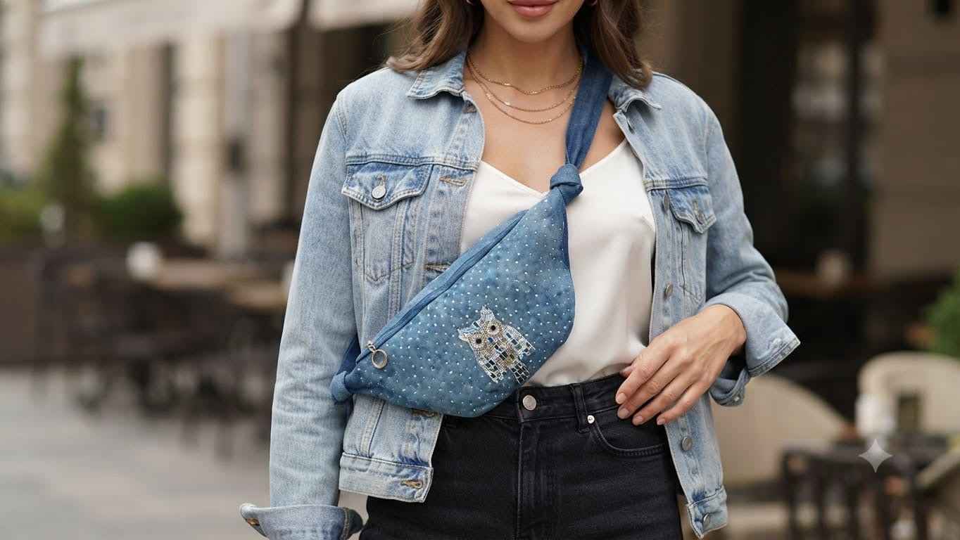 Denim side sling with owl  #81961