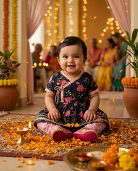 Girls Lungi Set with Kurta in Navy Floral & Pink