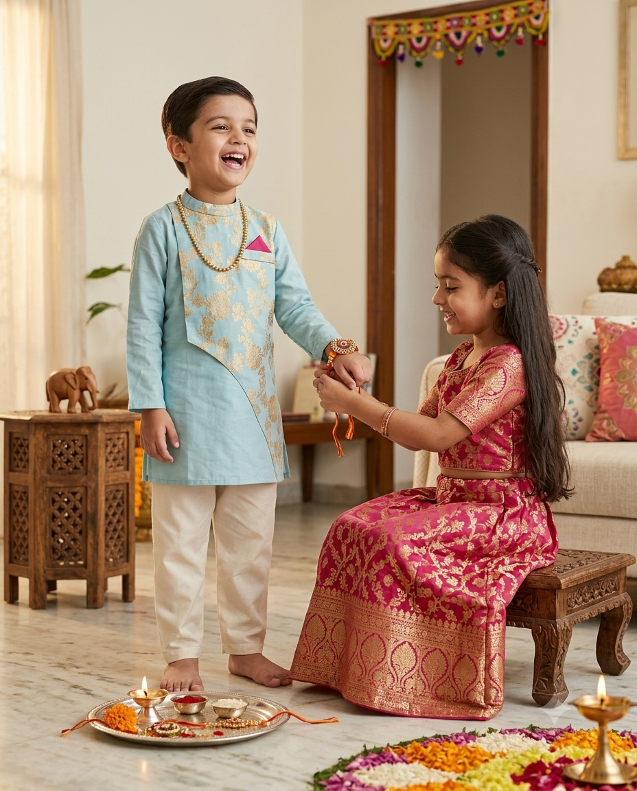 Boys Kurta Set with Pyjama in Sky Blue & Ivory