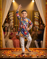 Boys Kurta Set with Pyjama in Multicolour Floral & Ivory