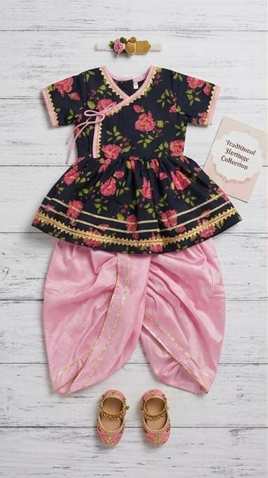Raat Rani - Girls Lungi Set with Kurta in Navy Floral & Pink