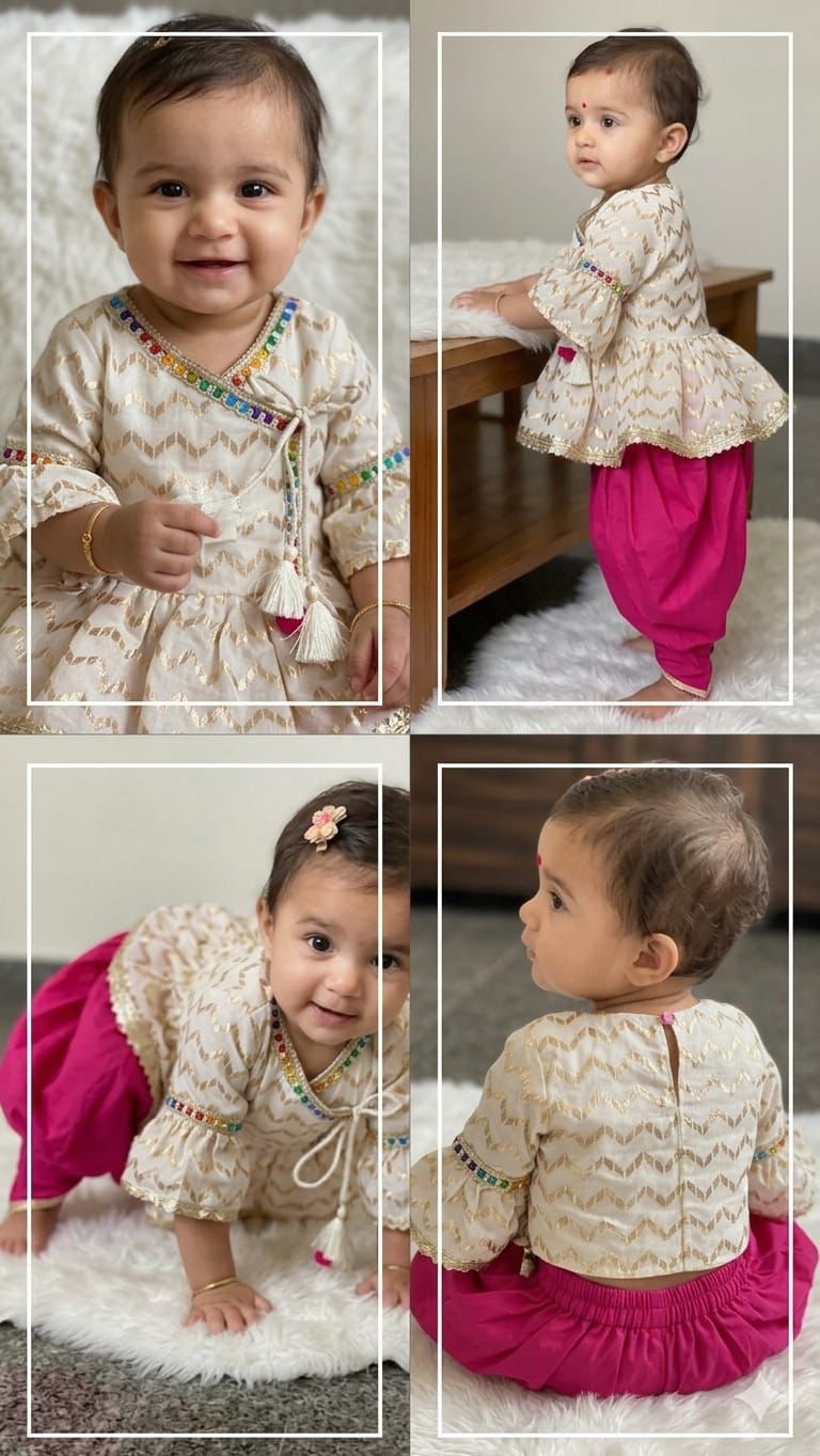 Rani Roop - Girls Lungi Set with Kurta in Ivory & Magenta
