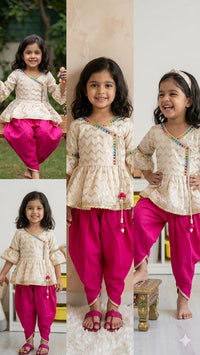 Girls Lungi Set with Kurta in Ivory & Magenta