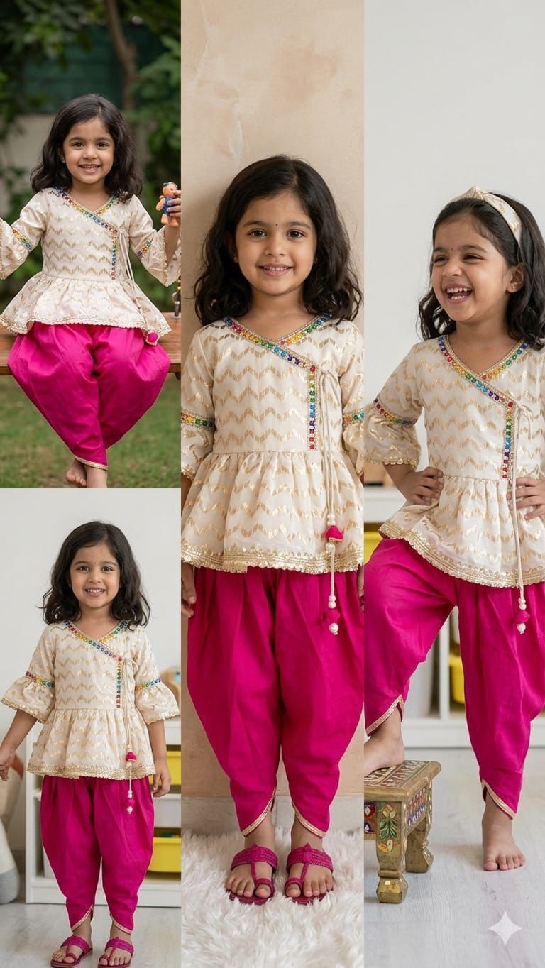 Rani Roop - Girls Lungi Set with Kurta in Ivory & Magenta