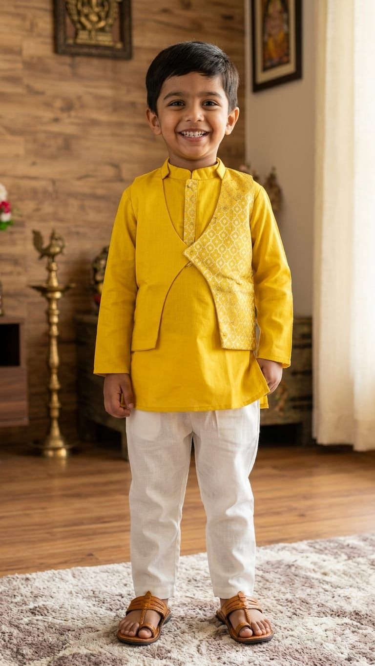 Raja Beta : Boys Kurta Pyjama Set in Mustard Yellow