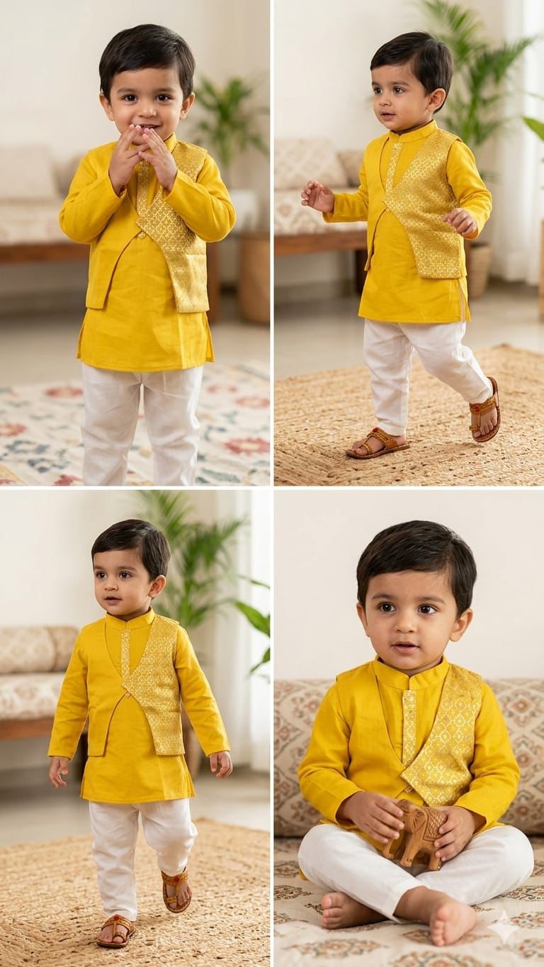 Raja Beta : Boys Kurta Pyjama Set in Mustard Yellow