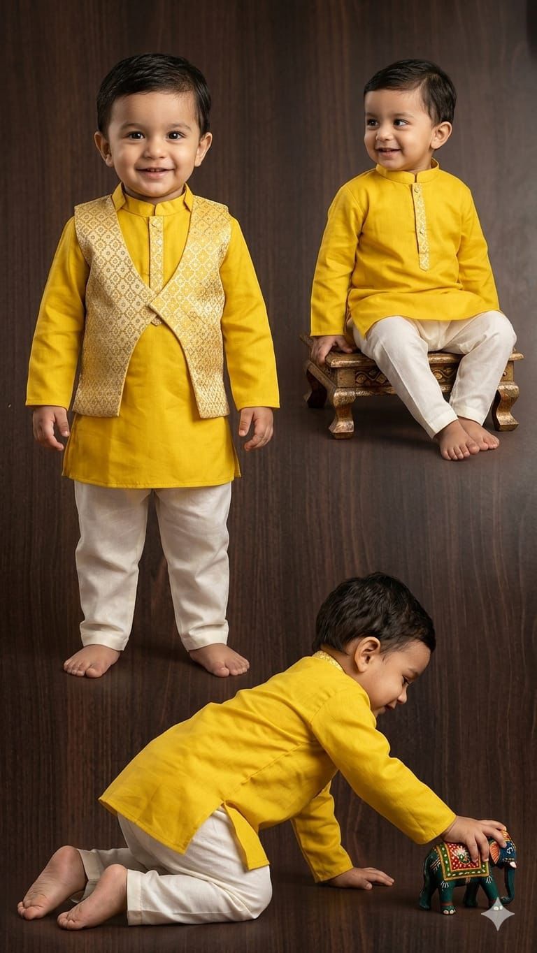 Raja Beta : Boys Kurta Pyjama Set in Mustard Yellow
