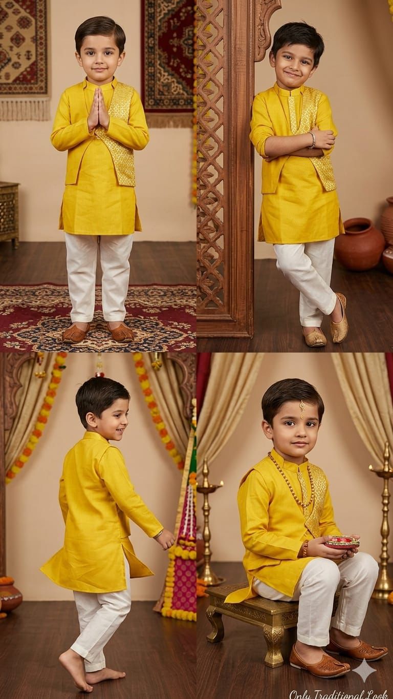 Raja Beta : Boys Kurta Pyjama Set in Mustard Yellow