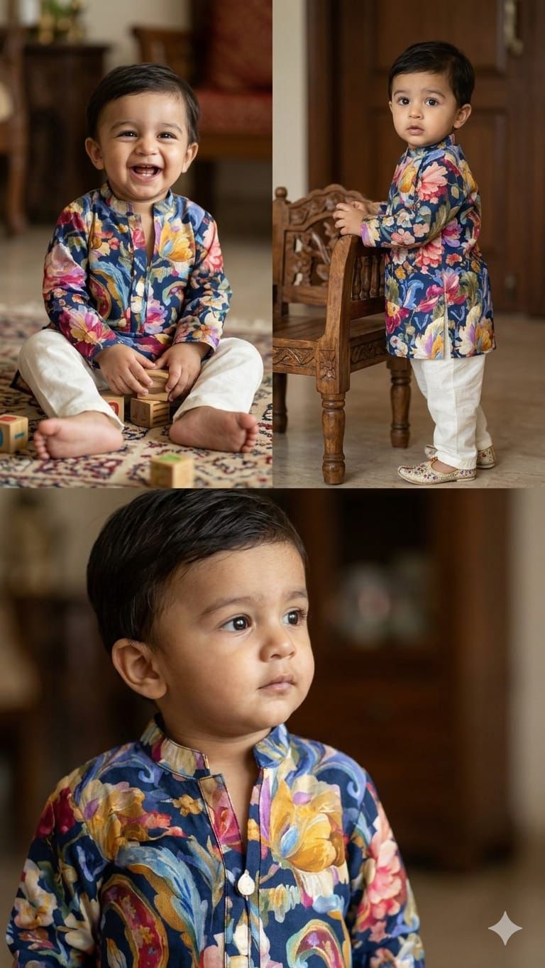 Phoolwara : Boys Kurta Set with Pyjama in Multicolour Floral & Ivory