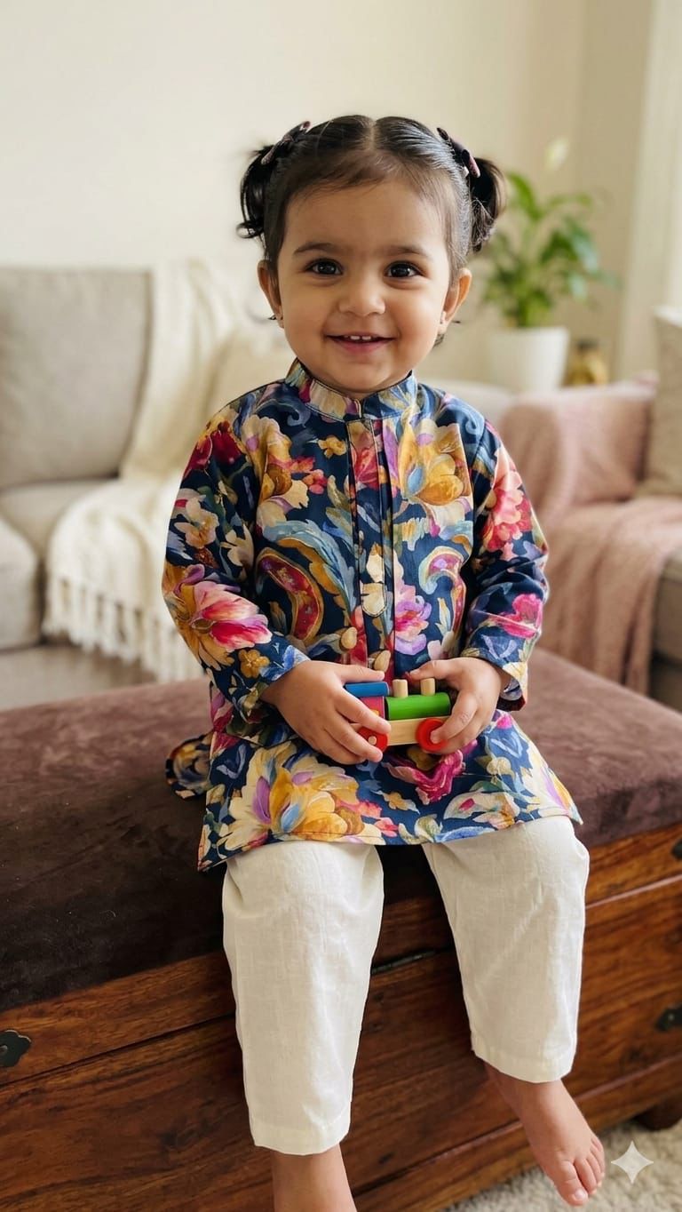 Phoolwara : Boys Kurta Set with Pyjama in Multicolour Floral & Ivory