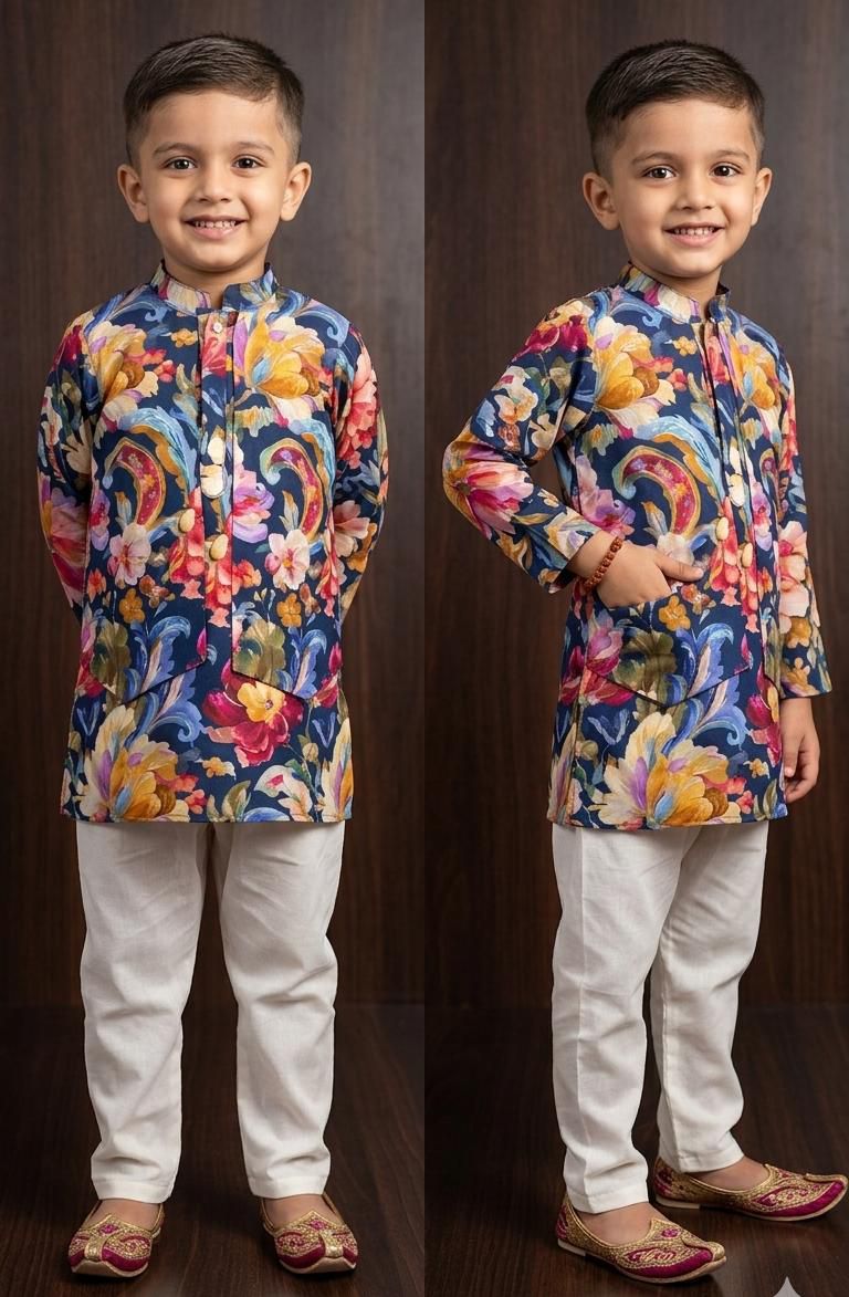 Phoolwara : Boys Kurta Set with Pyjama in Multicolour Floral & Ivory