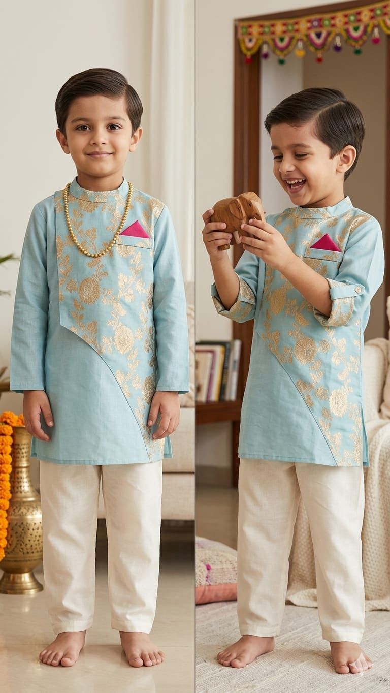 Nawab Saab : Boys Kurta Set with Pyjama in Sky Blue & Ivory