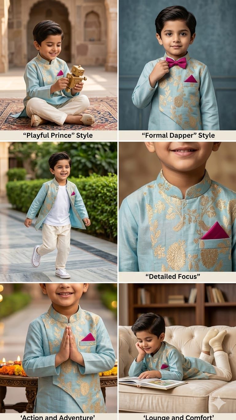 Nawab Saab : Boys Kurta Set with Pyjama in Sky Blue & Ivory