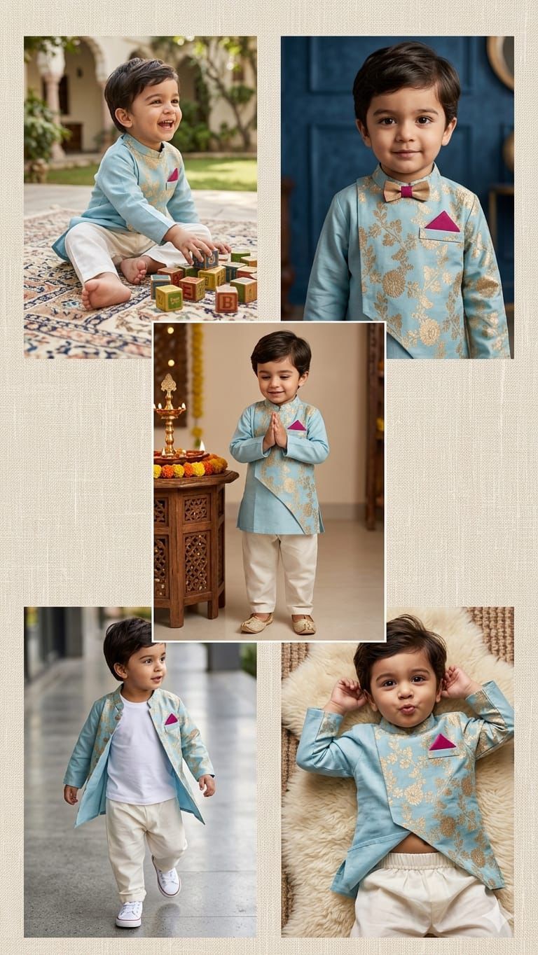 Nawab Saab : Boys Kurta Set with Pyjama in Sky Blue & Ivory