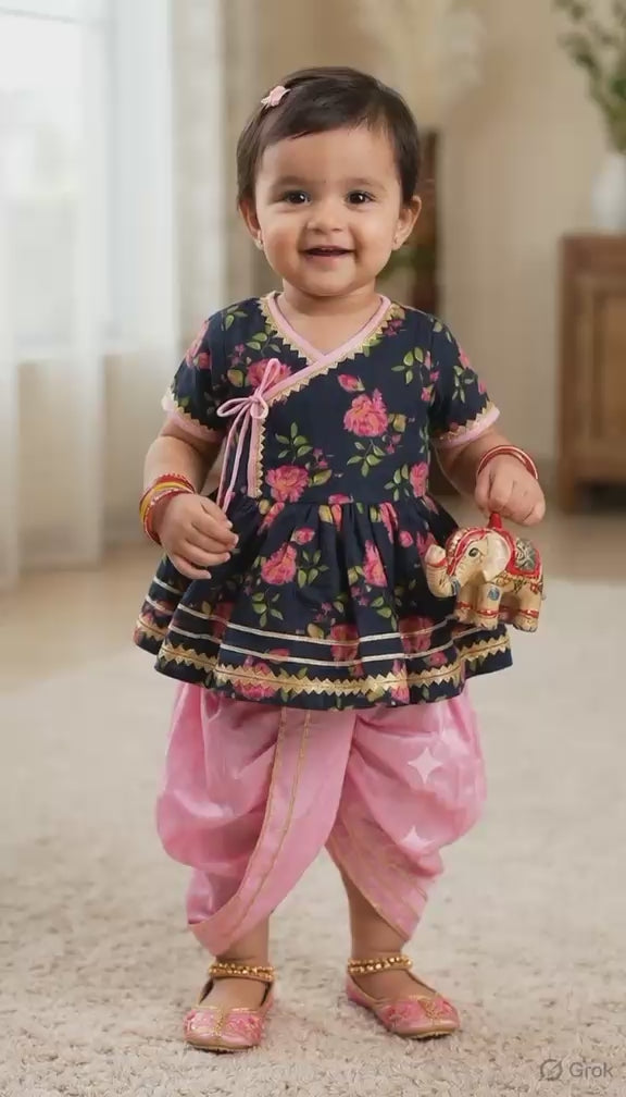 Raat Rani - Girls Lungi Set with Kurta in Navy Floral & Pink