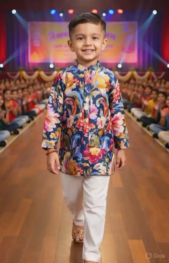 Phoolwara : Boys Kurta Set with Pyjama in Multicolour Floral & Ivory