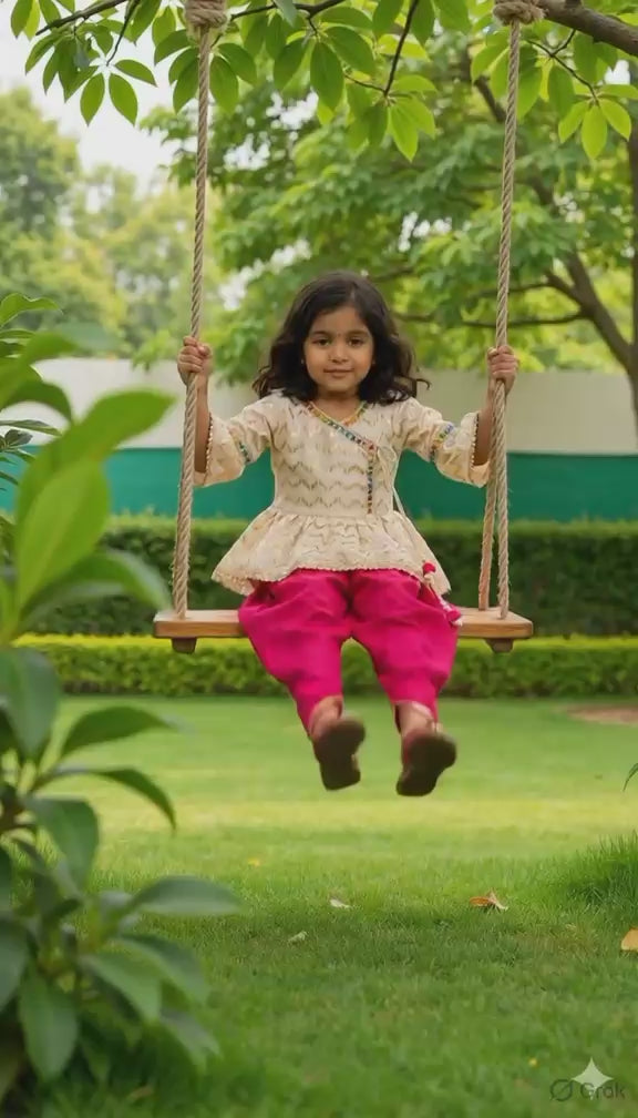 Rani Roop - Girls Lungi Set with Kurta in Ivory & Magenta